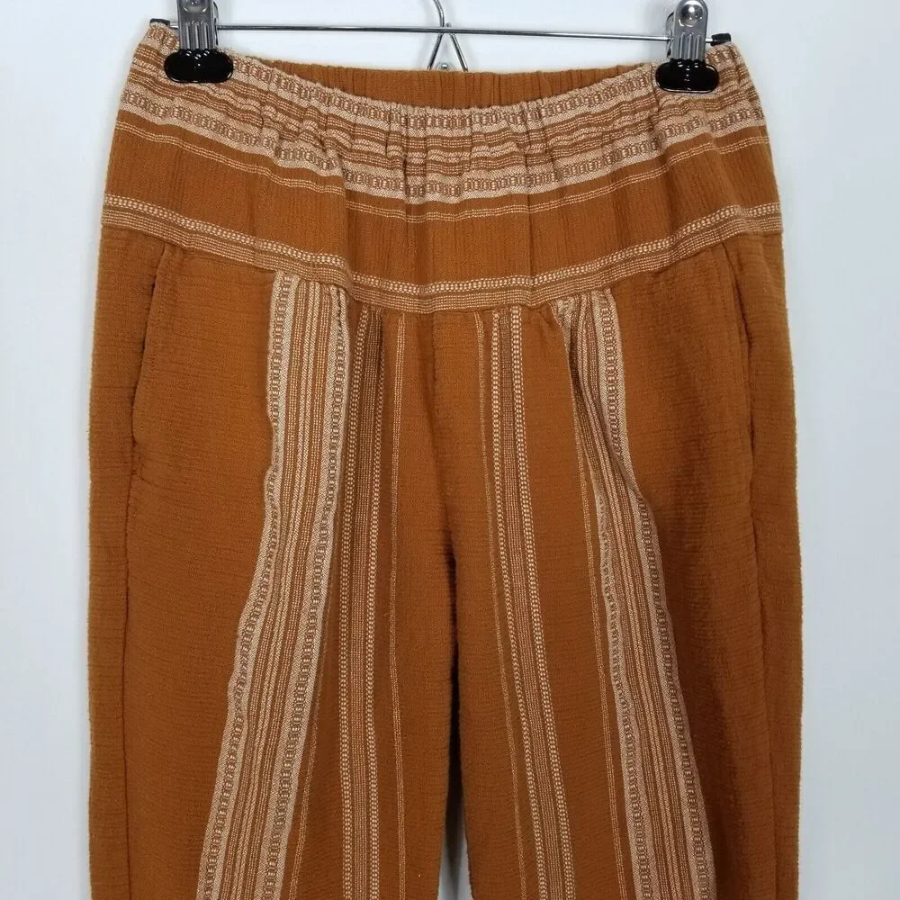 Free People Women Wide Yoke Pull On Pants Sz XS‎ Brown Boho Striped Pull On